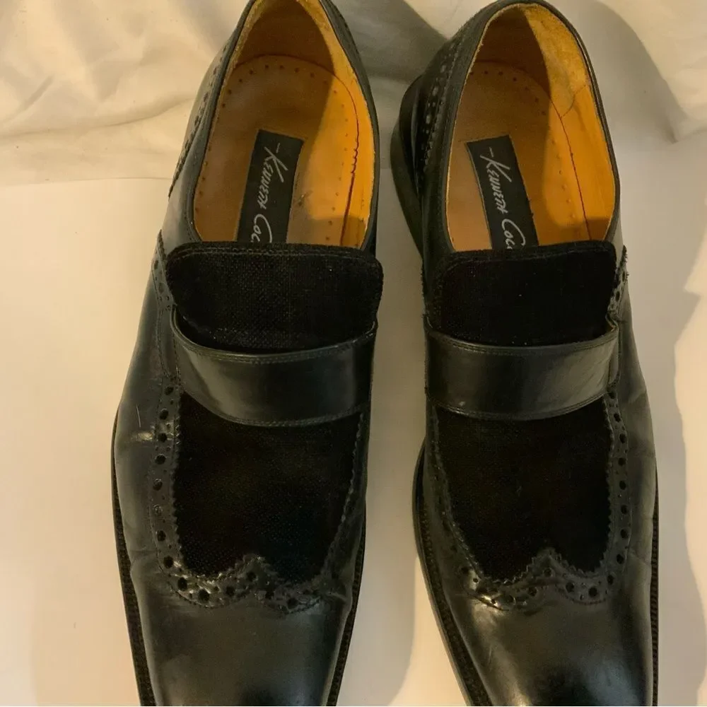 Kenneth Cole Size 9 M Black  Leather Slip On Wingtip Loafer Dress Mens Shoes